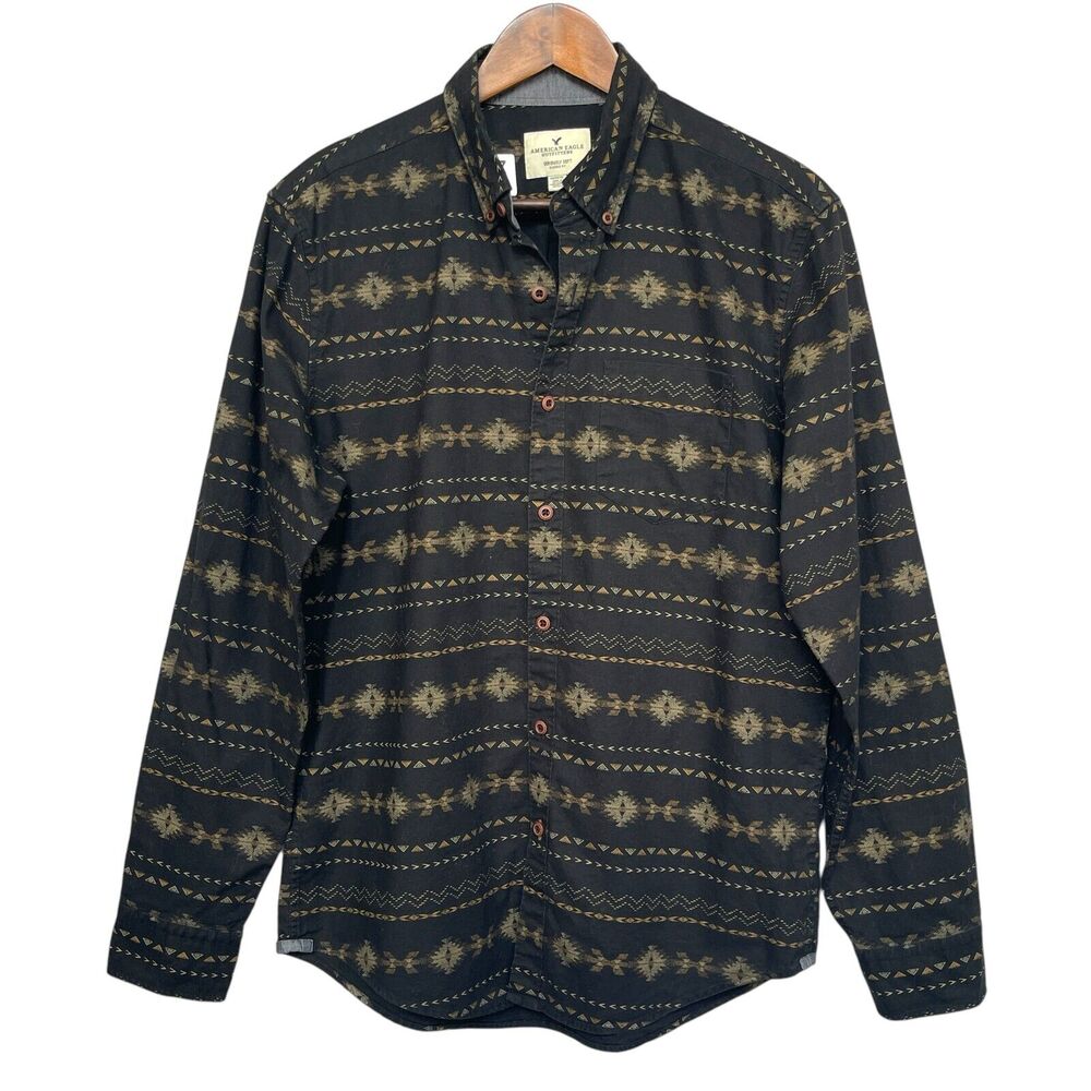 American‎ Eagle Button Down Shirt Top Men Size M Black 100% Cotton Long Sleeve